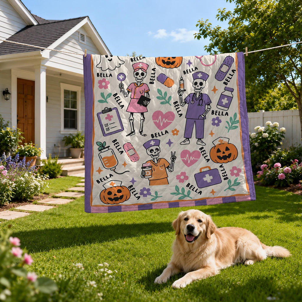 Nurse Halloween Blanket, Spooky Blanket, RN Gift, Cozy Throw, Nurse Woven, Retirement Blanket, Cute Skeleton Nurse Woven