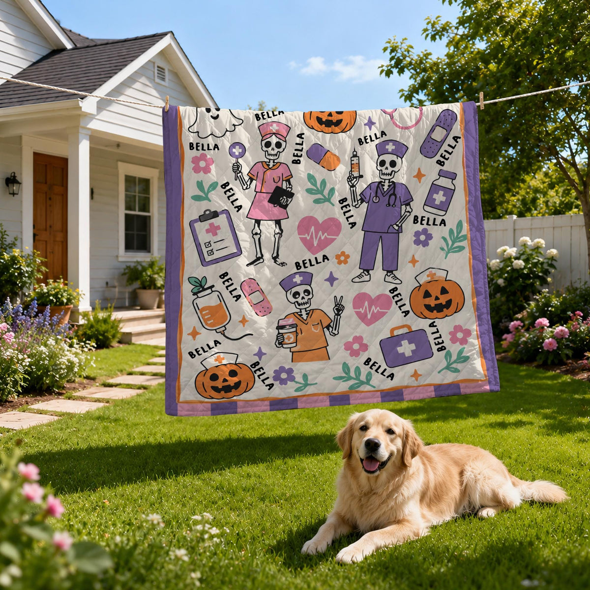 Nurse Halloween Blanket, Spooky Blanket, RN Gift, Cozy Throw, Nurse Woven, Retirement Blanket, Cute Skeleton Nurse Woven
