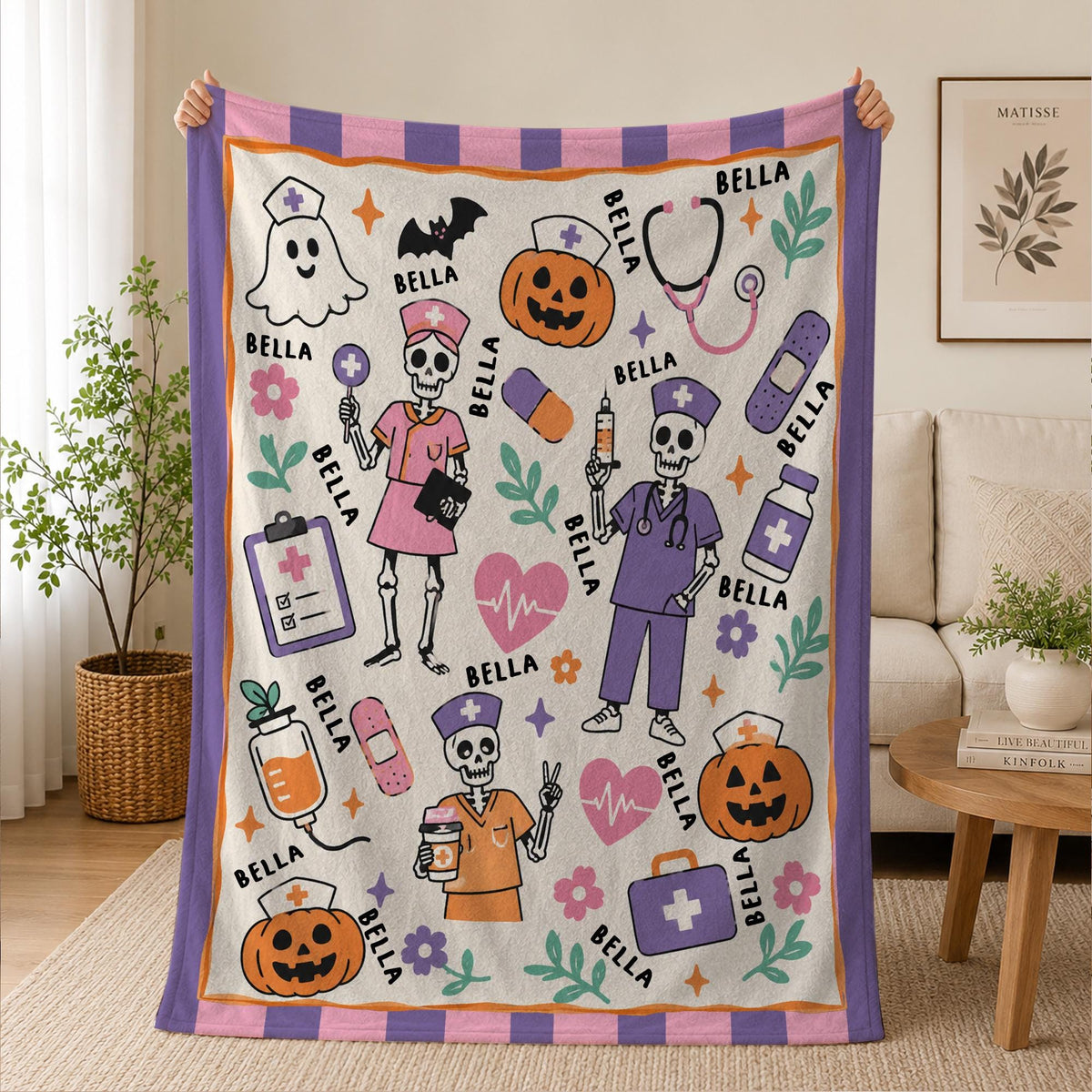 Nurse Halloween Blanket, Spooky Blanket, RN Gift, Cozy Throw, Nurse Woven, Retirement Blanket, Cute Skeleton Nurse Woven