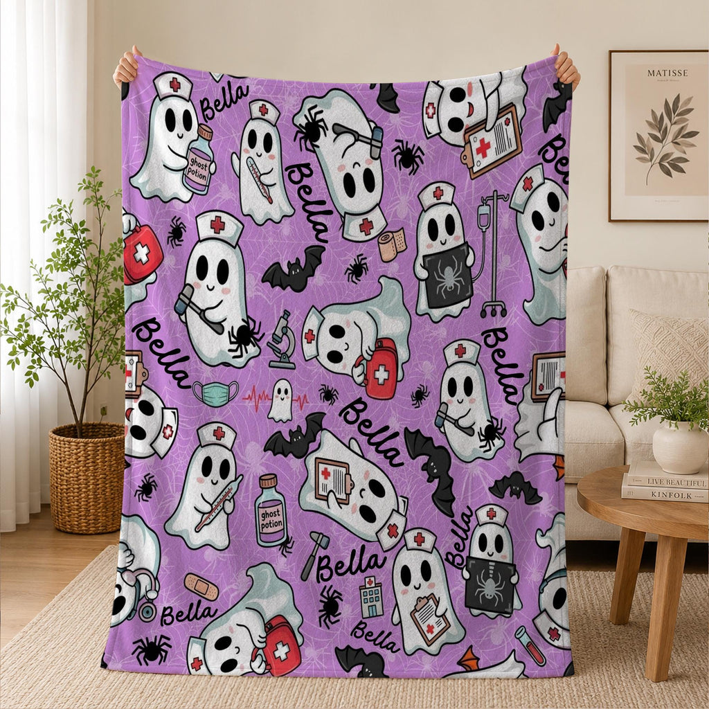 Personalized Nurse Halloween Blanket, Spooky Blanket, RN Gift, Cozy Throw, Nurse Woven, Retirement Blanket, Cute Boo Nurse Blanket