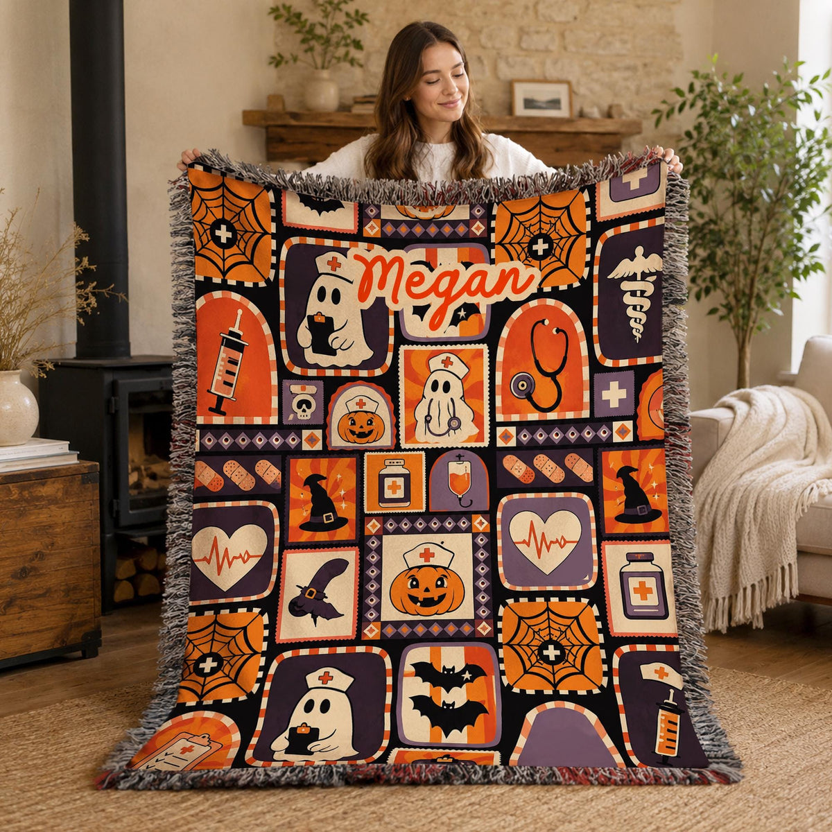 Nurse Halloween Woven Blanket, Spooky Blanket, RN Gift, Cozy Throw, Nurse Woven, Retirement Blanket, Custom Nurse Blanket Gift