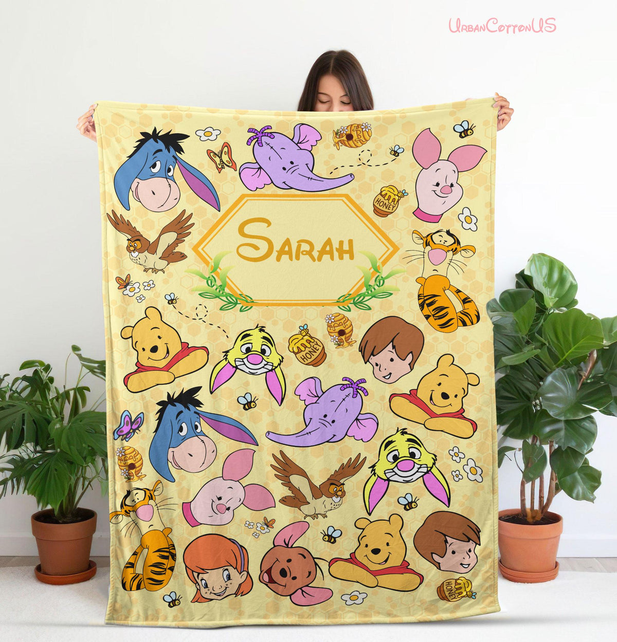 Custom Name Winnie The Pooh Blanket, Personalized Pooh And Friends Blanket, Pooh Face Blanket, Disney Blanket for Kids, Baby Shower Gift