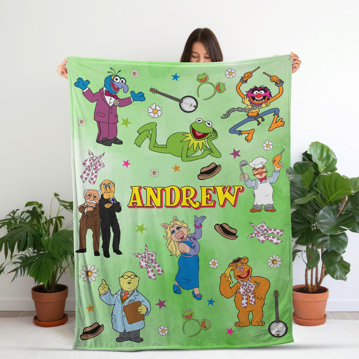 Personalized Muppets Blanket, Custom Kermit Miss Piggy Fleece Blankets, Cute Cartoon Throw Blanket, Cozy Birthday Gift For Kids Boys Girls