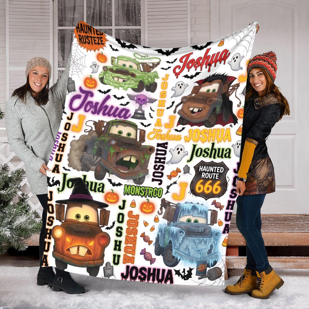 Personalized Halloween Truck Blanket, Custom Name Spooky Mater Blanket, Cute Halloween Gift for Kids Toddler, Custom Tow Truck Fleece Throws