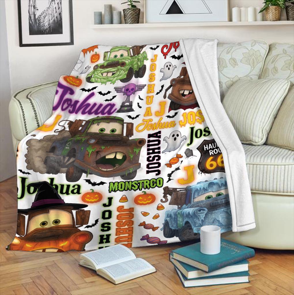 Personalized Halloween Truck Blanket, Custom Name Spooky Mater Blanket, Cute Halloween Gift for Kids Toddler, Custom Tow Truck Fleece Throws