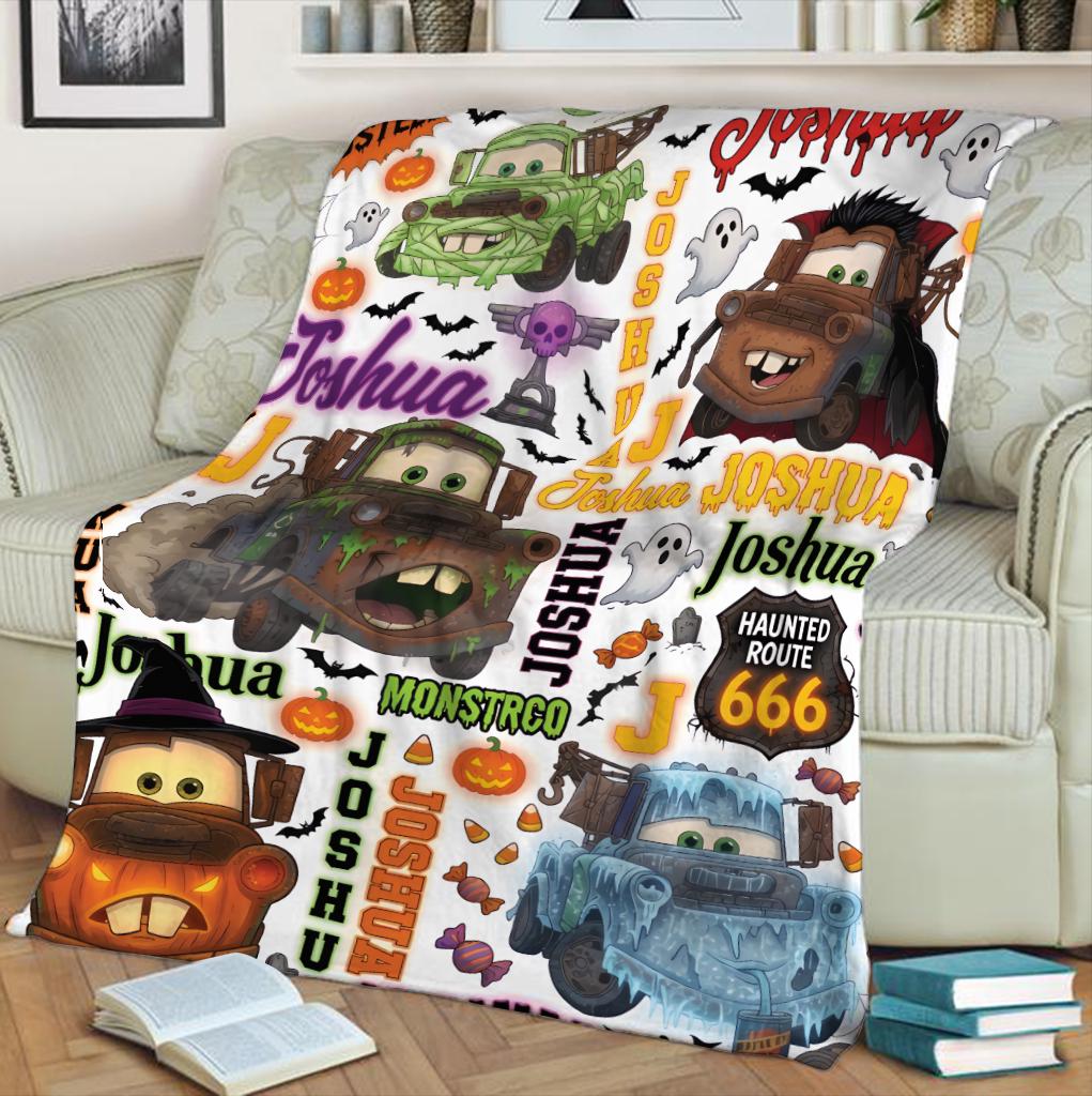 Personalized Halloween Truck Blanket, Custom Name Spooky Mater Blanket, Cute Halloween Gift for Kids Toddler, Custom Tow Truck Fleece Throws