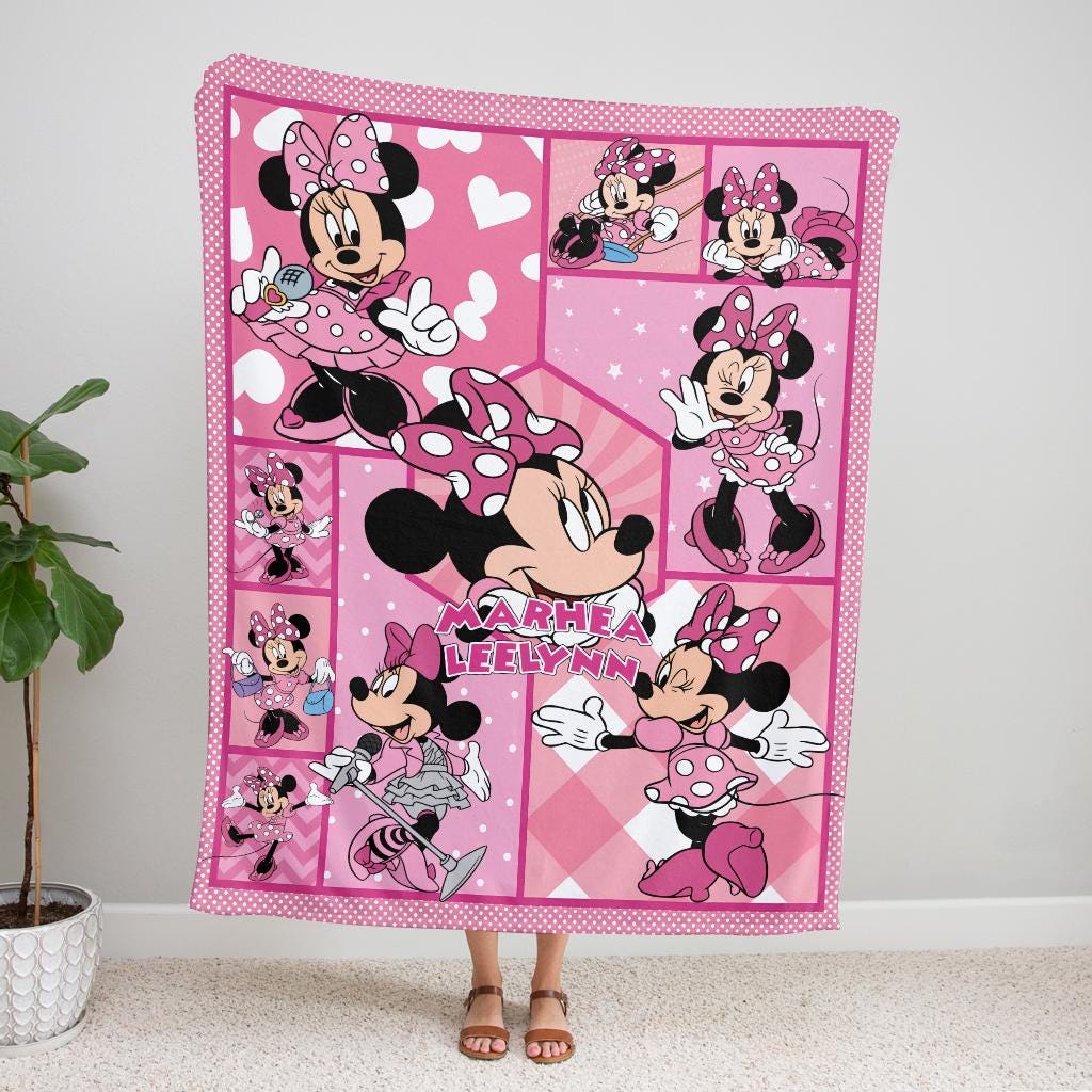 Custom Minnie Mouse Blanket for Girls, Personalized Pink Fleece Throw with Name, Cute Disney Nursery Decor, Toddler Birthday Gift