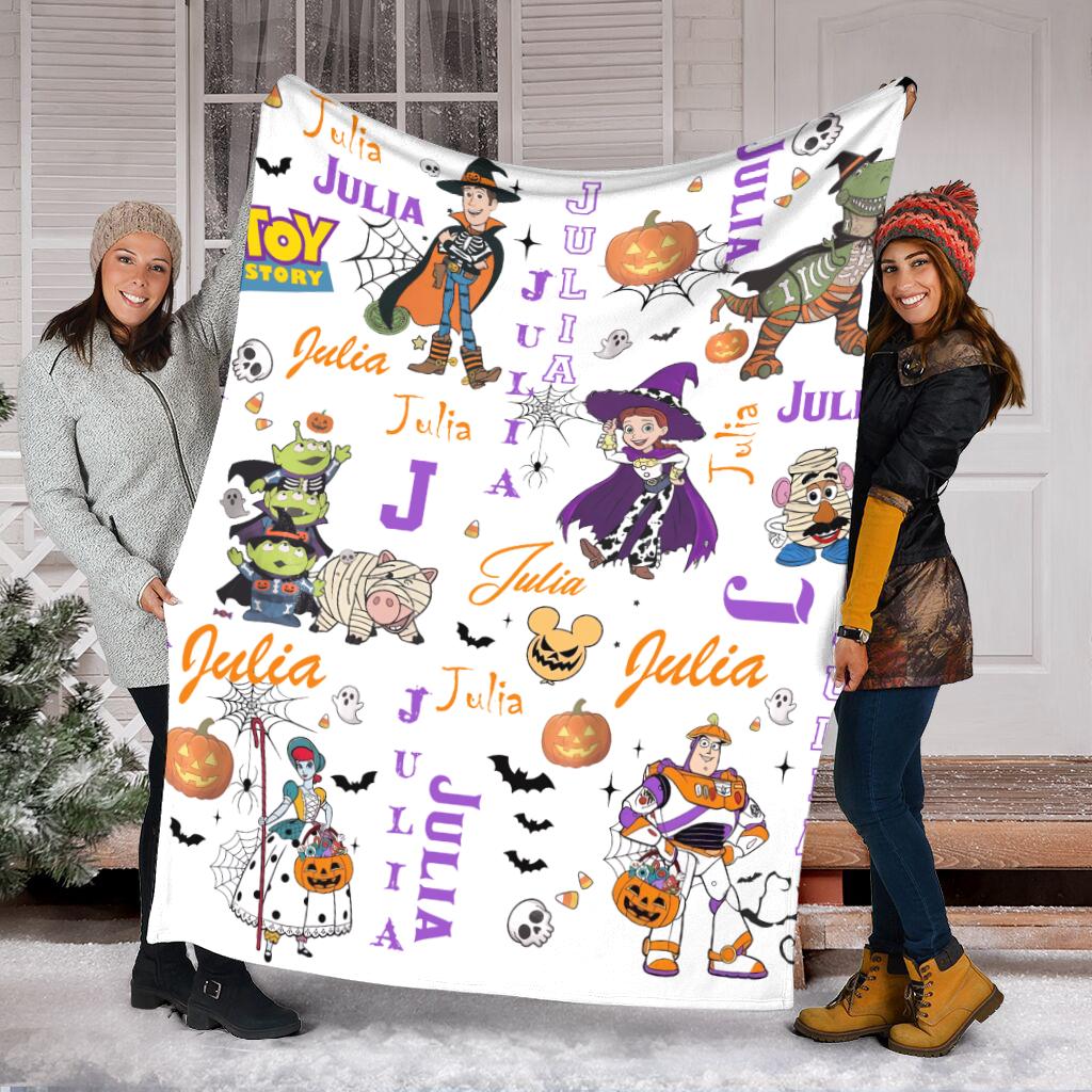 Personalized Halloween Toy Story Blanket, Custom Name Spooky Buzz Woody Blanket, Cute Halloween Gift for Kids Toddler, Fleece Cowboy Throw