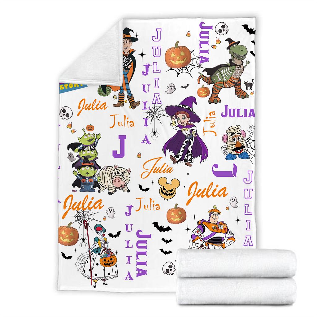 Personalized Halloween Toy Story Blanket, Custom Name Spooky Buzz Woody Blanket, Cute Halloween Gift for Kids Toddler, Fleece Cowboy Throw