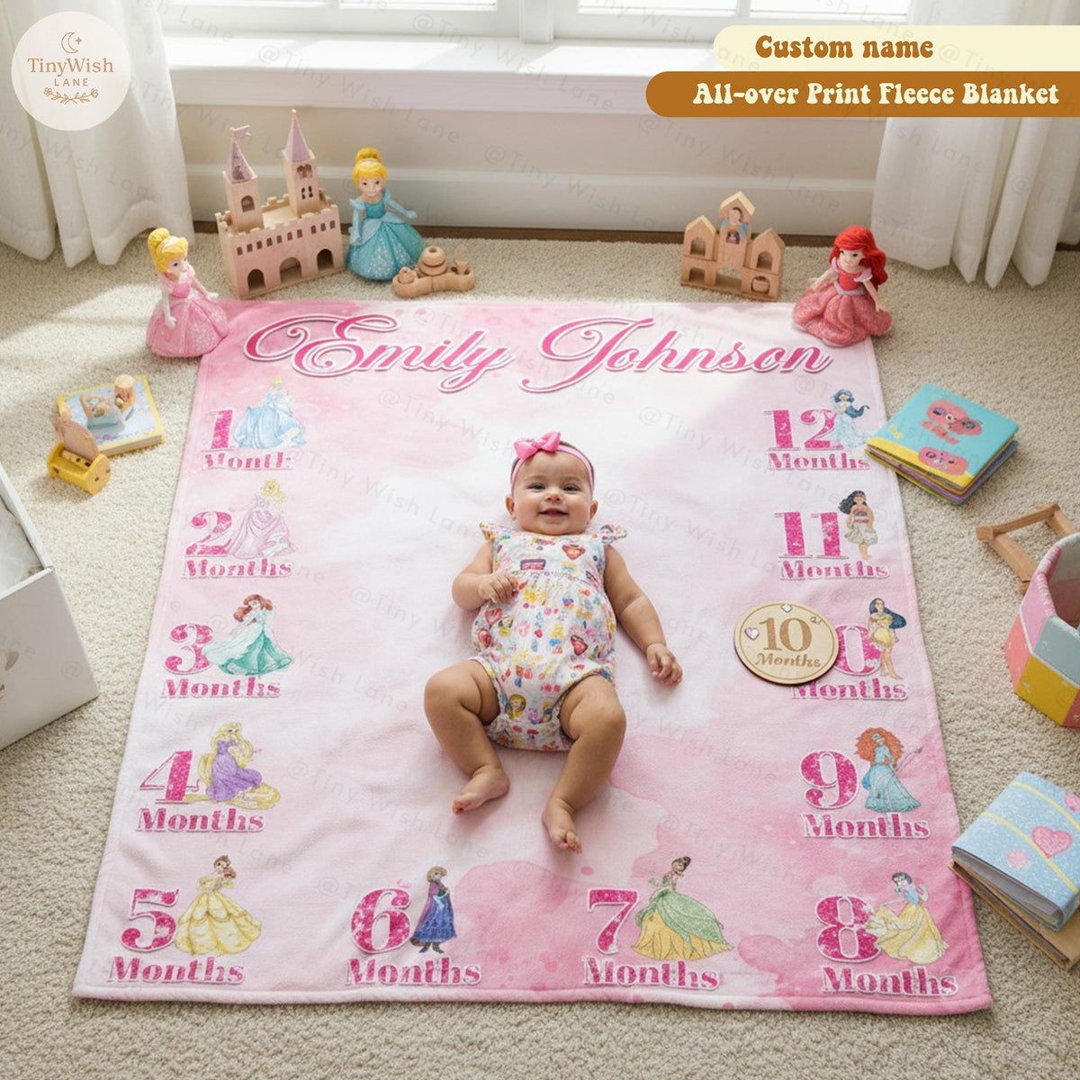 Personalized Disney Princess Baby Milestone Blanket, Custom Name Monthly Fleece Blanket, Baby Month Photo Growth Blanket, Baby Shower Gift