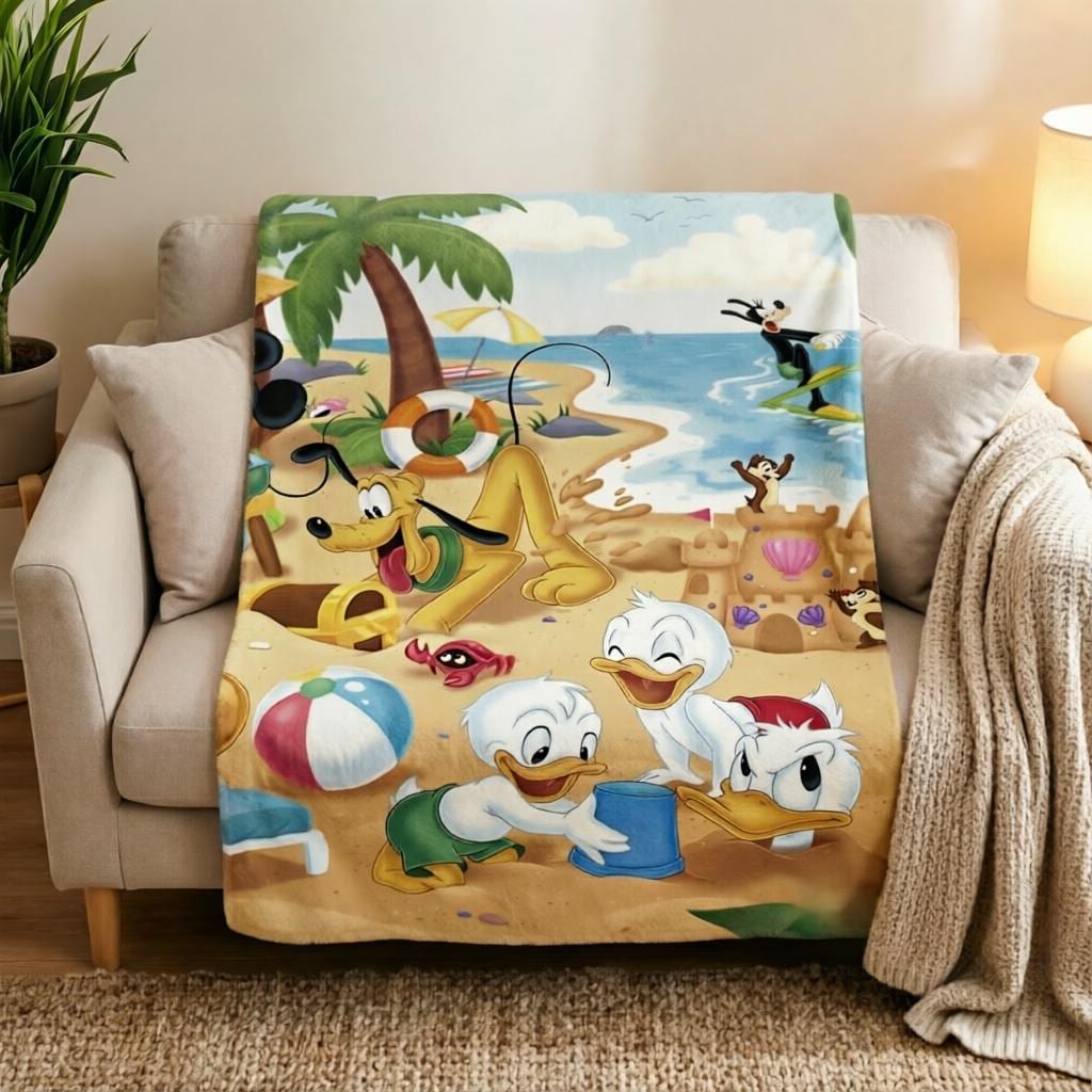 Classic Donald Duck Beach Flannel Throw Blanket, Vintage Cartoon Soft Bedding