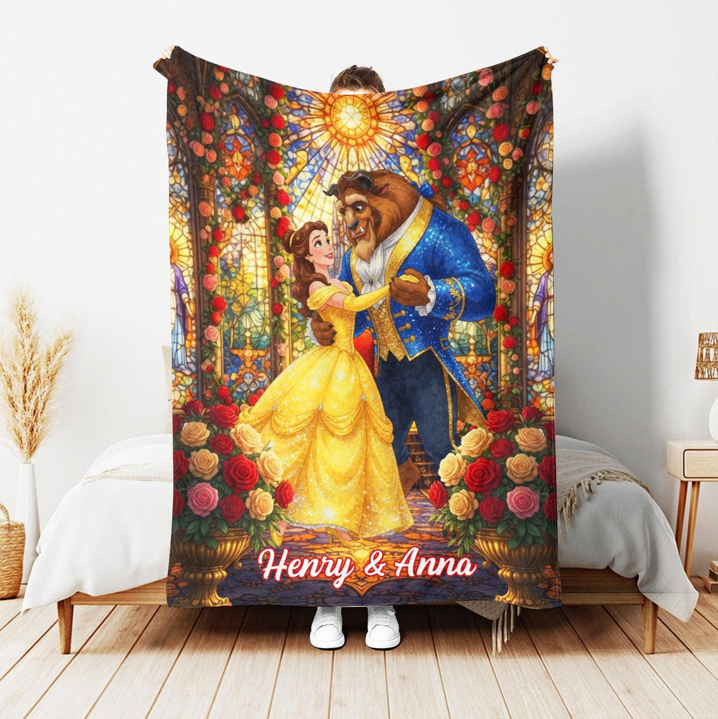 Custom Beauty and the Beast Blanket, Personalized Couple Anniversary Gift, Disney Wedding Blanket, Custom Name Belle Fleece Throw for Couple