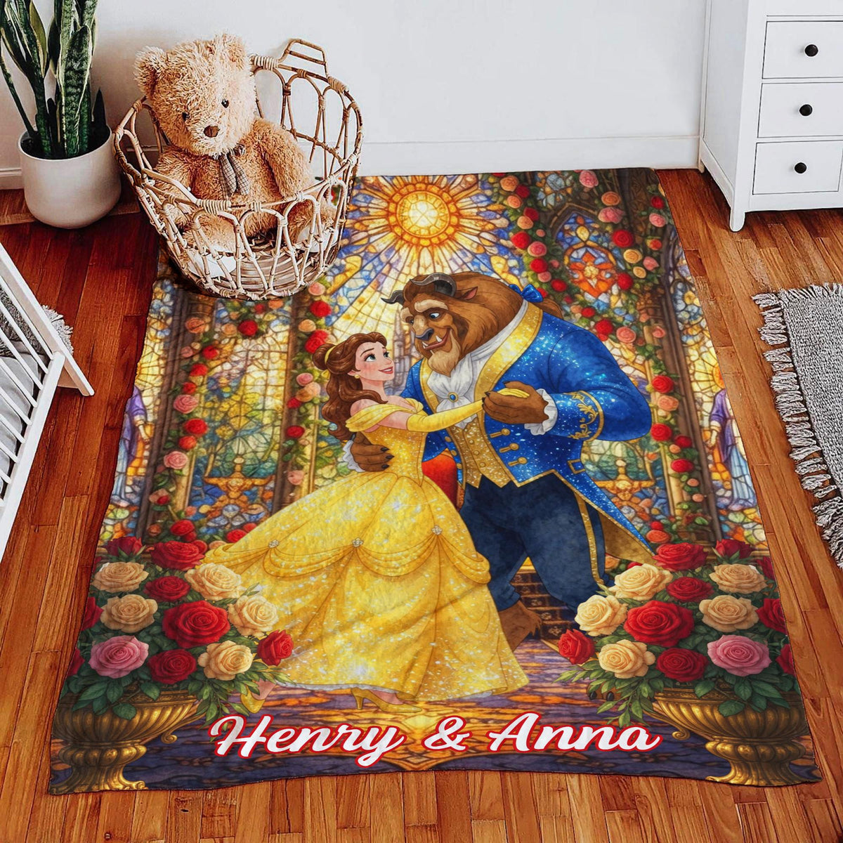 Custom Beauty and the Beast Blanket, Personalized Couple Anniversary Gift, Disney Wedding Blanket, Custom Name Belle Fleece Throw for Couple