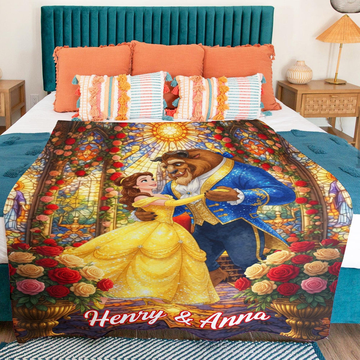 Custom Beauty and the Beast Blanket, Personalized Couple Anniversary Gift, Disney Wedding Blanket, Custom Name Belle Fleece Throw for Couple