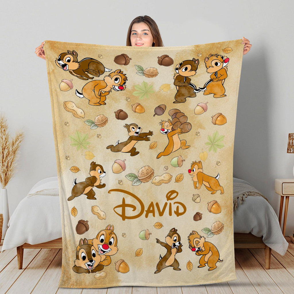 Custom Chip and Dale Blanket, Personalized Disney Birthday Blanket,Cute Chipmunk Throw Blanket, Vintage Disney Gift for Kids Toddler Nursery