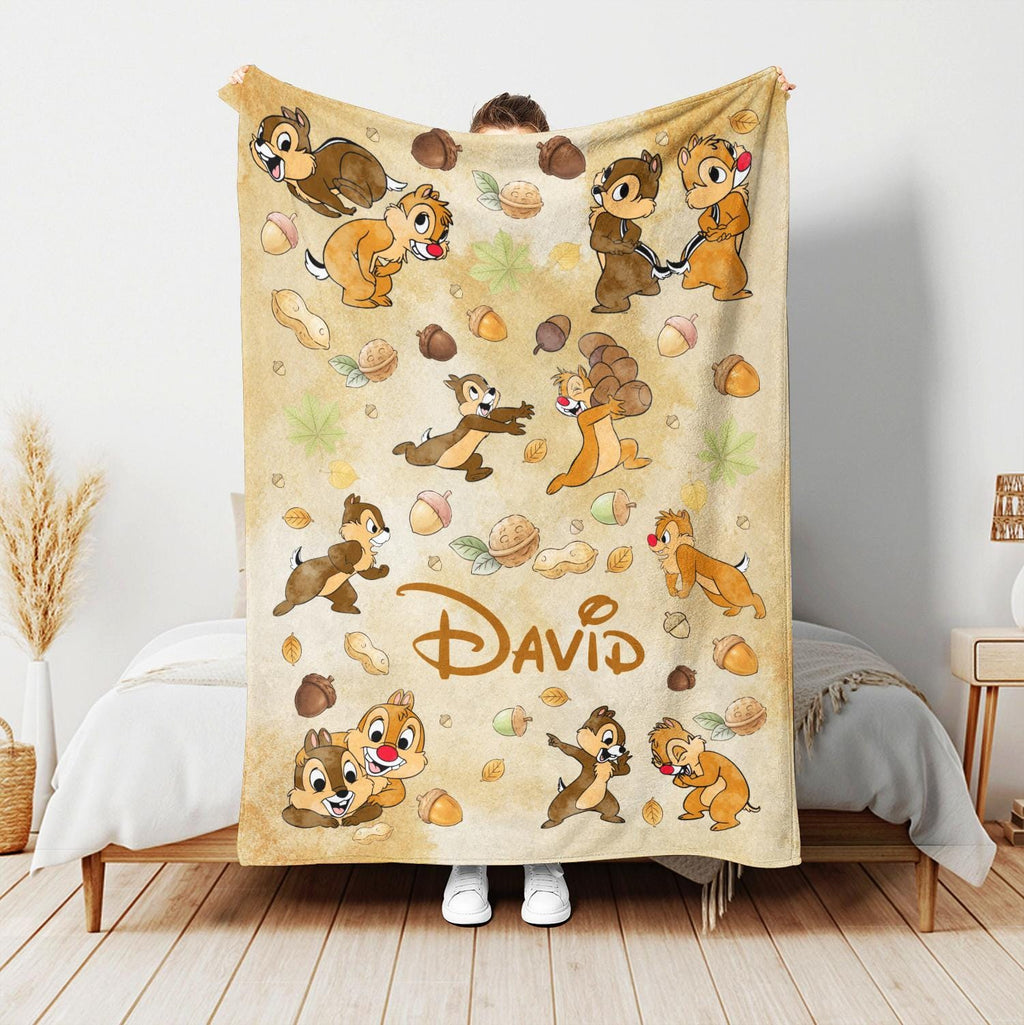 Custom Chip and Dale Blanket, Personalized Disney Birthday Blanket,Cute Chipmunk Throw Blanket, Vintage Disney Gift for Kids Toddler Nursery