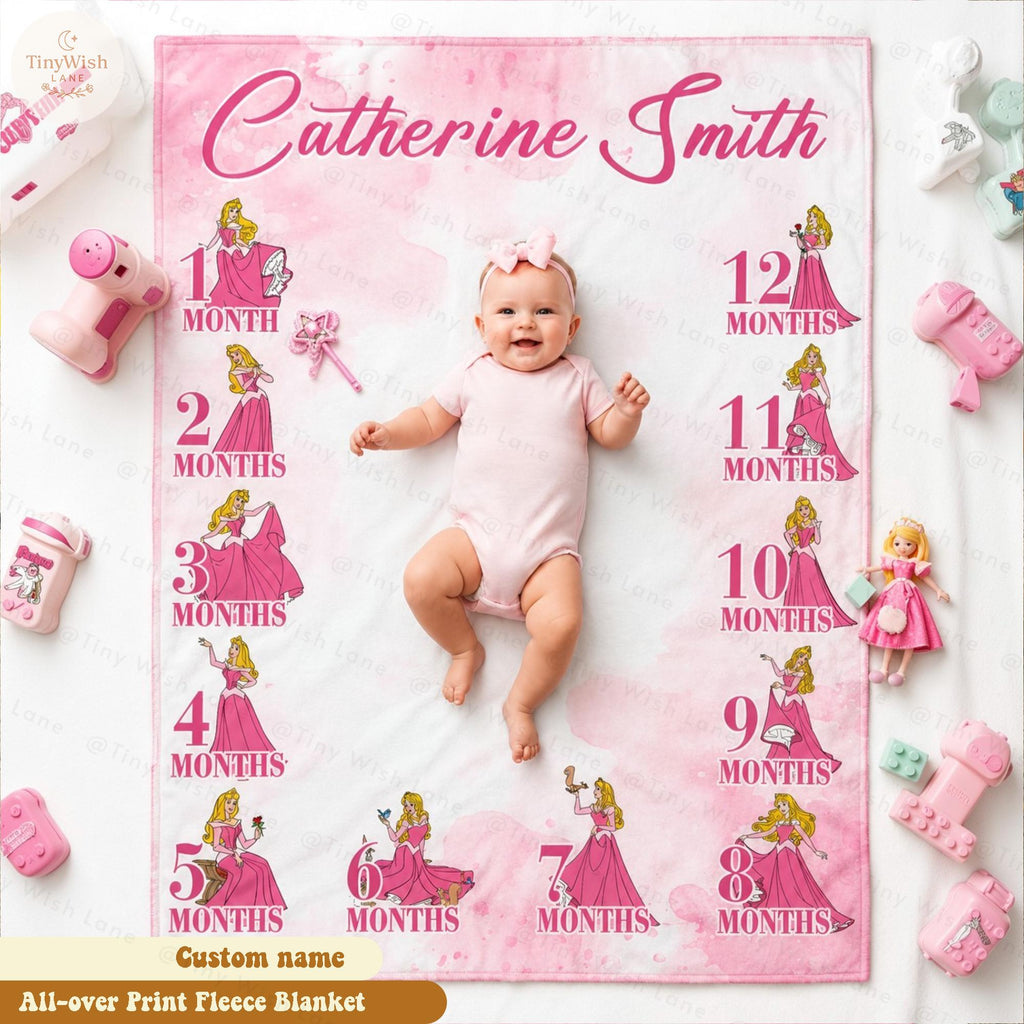 Personalized Disney Aurora Sleeping Beauty Milestone Blanket, Custom Name Monthly Baby Blanket, First Year Photo Blanket, Newborn Baby Gift