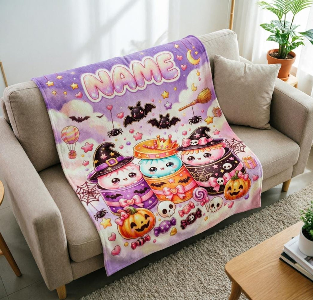 Personalized Pastel Halloween Ghost Blanket, Custom Name Fleece Throw, Kawaii Kids Decor