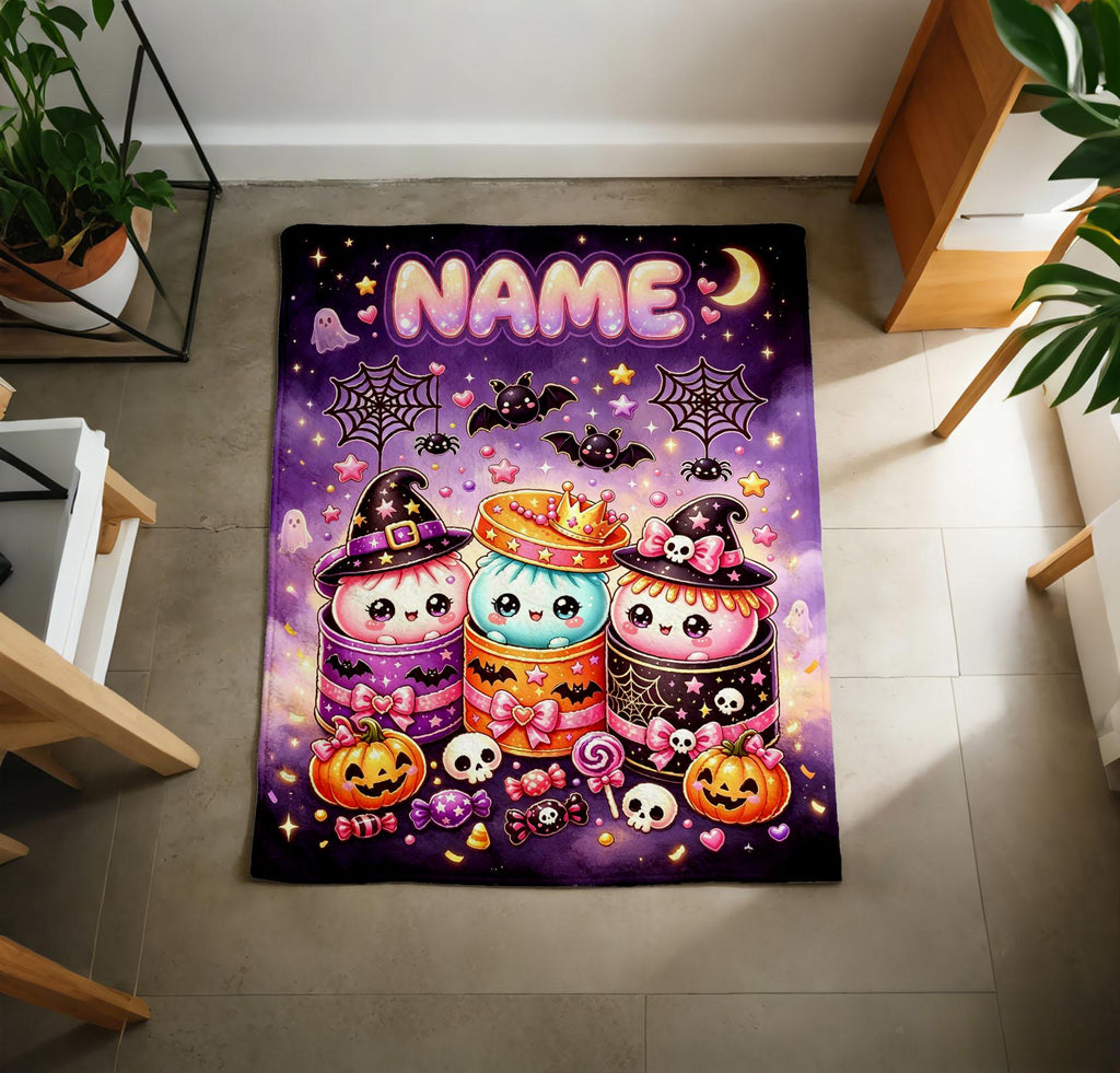 Personalized Squishy Dumpling Halloween Fleece Blanket, Custom Name Kawaii Witch Throw