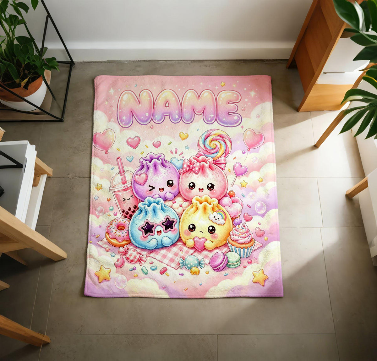 Custom Name Squishy Bao Blanket, Pastel Kawaii Dumpling Fleece Throw, Baby Shower Gift