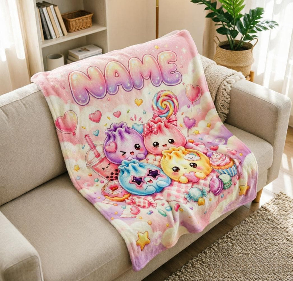 Custom Name Squishy Bao Blanket, Pastel Kawaii Dumpling Fleece Throw, Baby Shower Gift
