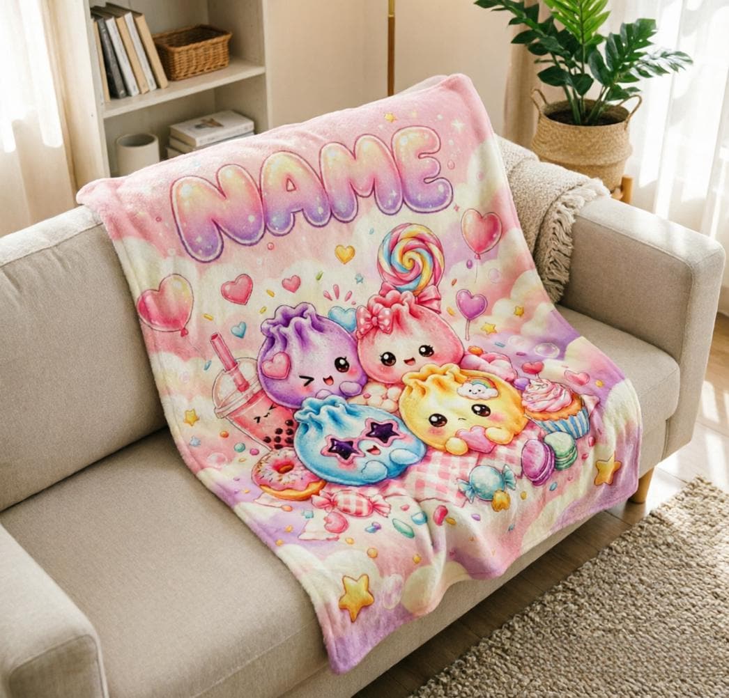 Custom Name Squishy Bao Blanket, Pastel Kawaii Dumpling Fleece Throw, Baby Shower Gift
