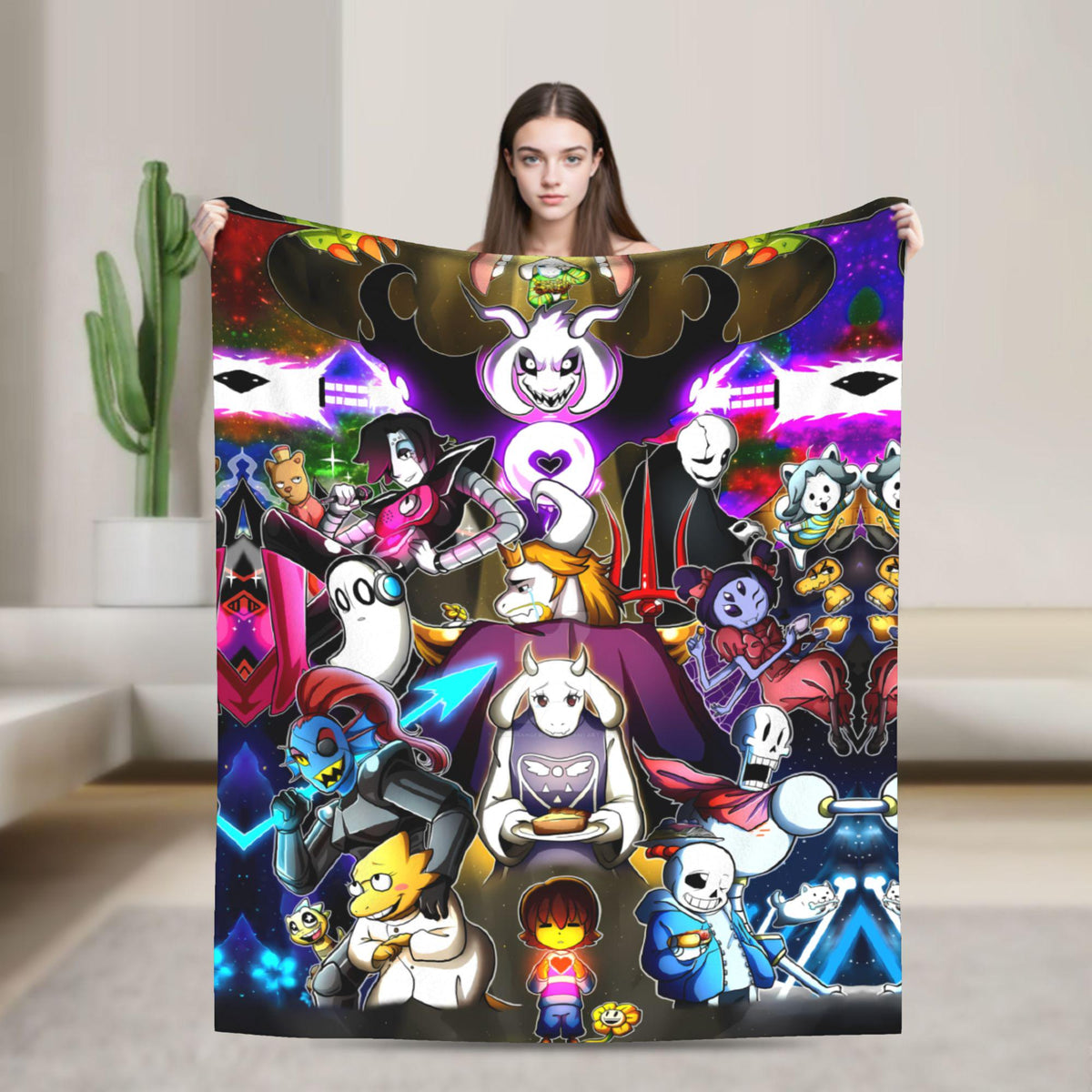 Fantasy Skeleton Character Blanket, Colorful RPG Flannel Throw, Dark Gamer Room Decor, Cozy Gaming Gift for Teens and Adults