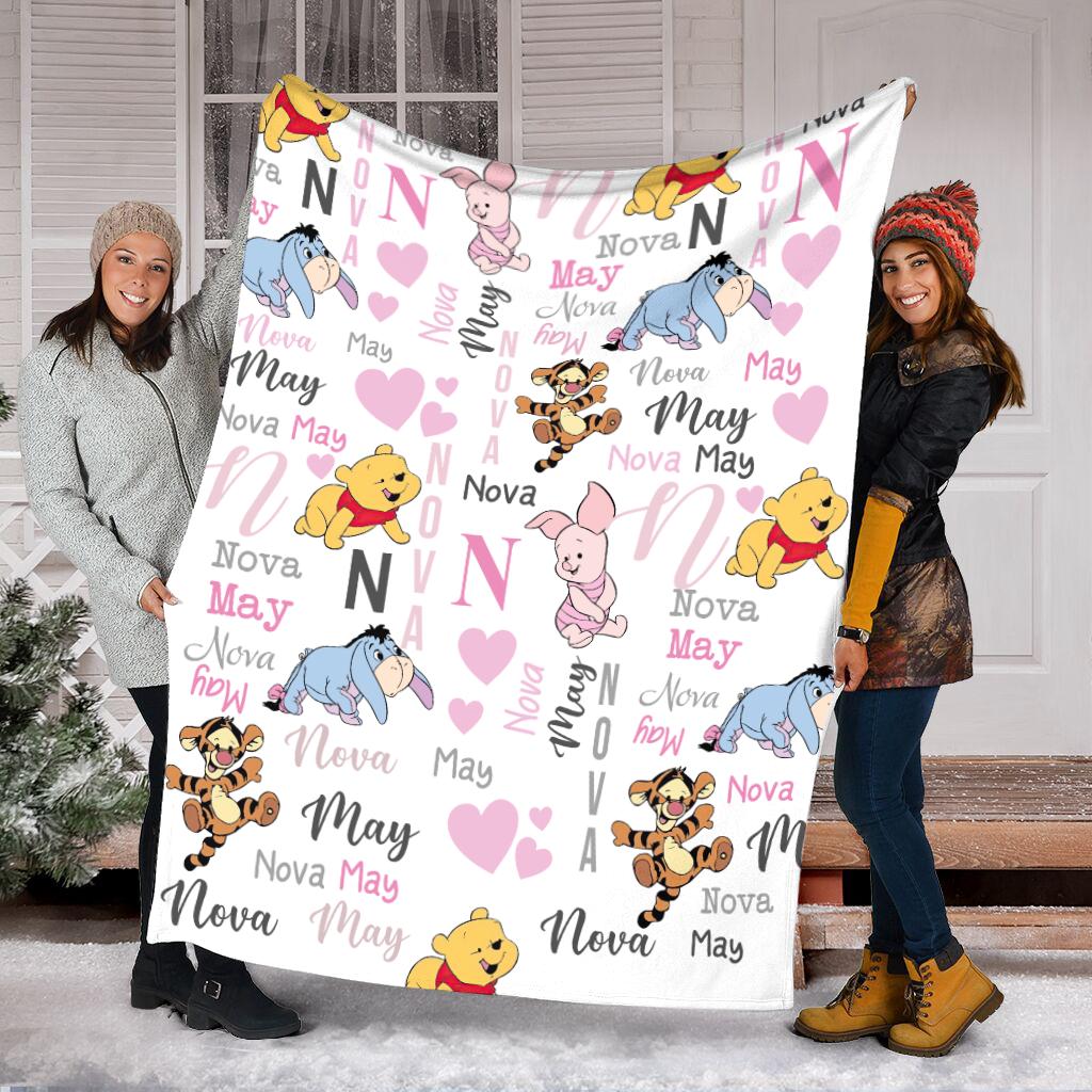 Personalized Winnie the Pooh Baby Blanket, Custom Name Eeyore Tigger Fleece Blanket, Cute Kids Nursery Decor, Newborn Baby Shower Gift