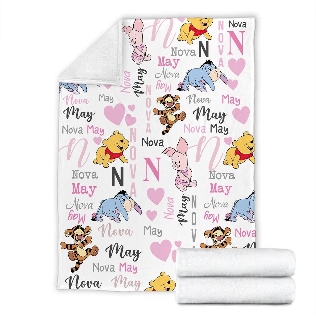 Personalized Winnie the Pooh Baby Blanket, Custom Name Eeyore Tigger Fleece Blanket, Cute Kids Nursery Decor, Newborn Baby Shower Gift