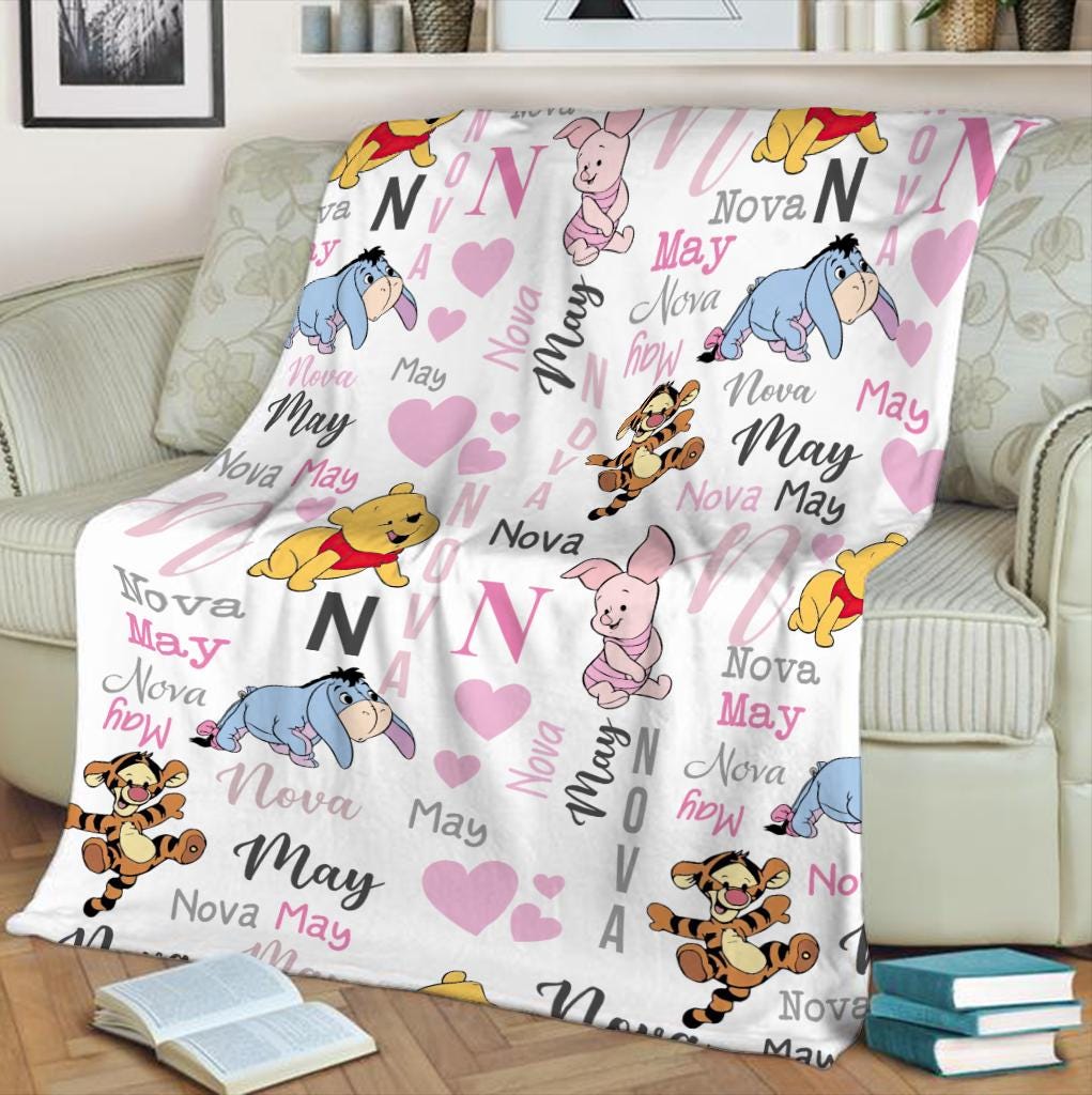 Personalized Winnie the Pooh Baby Blanket, Custom Name Eeyore Tigger Fleece Blanket, Cute Kids Nursery Decor, Newborn Baby Shower Gift