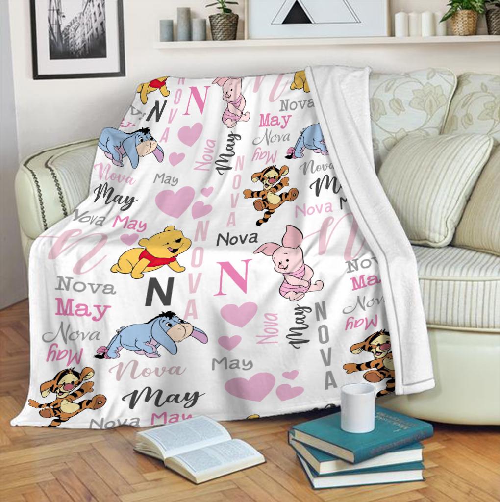Personalized Winnie the Pooh Baby Blanket, Custom Name Eeyore Tigger Fleece Blanket, Cute Kids Nursery Decor, Newborn Baby Shower Gift
