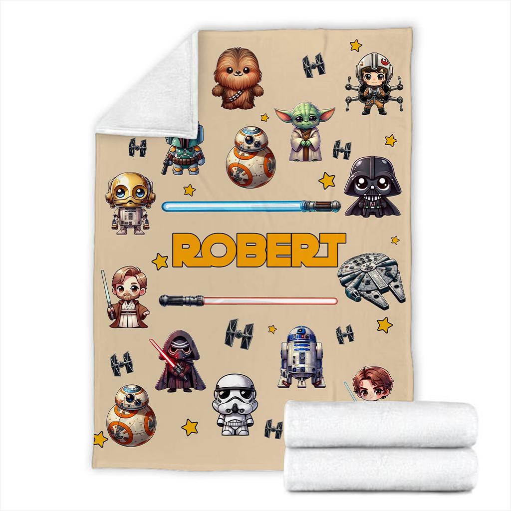 Personalized Star Wars Blanket, Custom Name Baby Blanket, Cute Chibi Sci-Fi Kids Fleece Blanket, Yoda Darth Vader Boy Gift, Birthday Gift