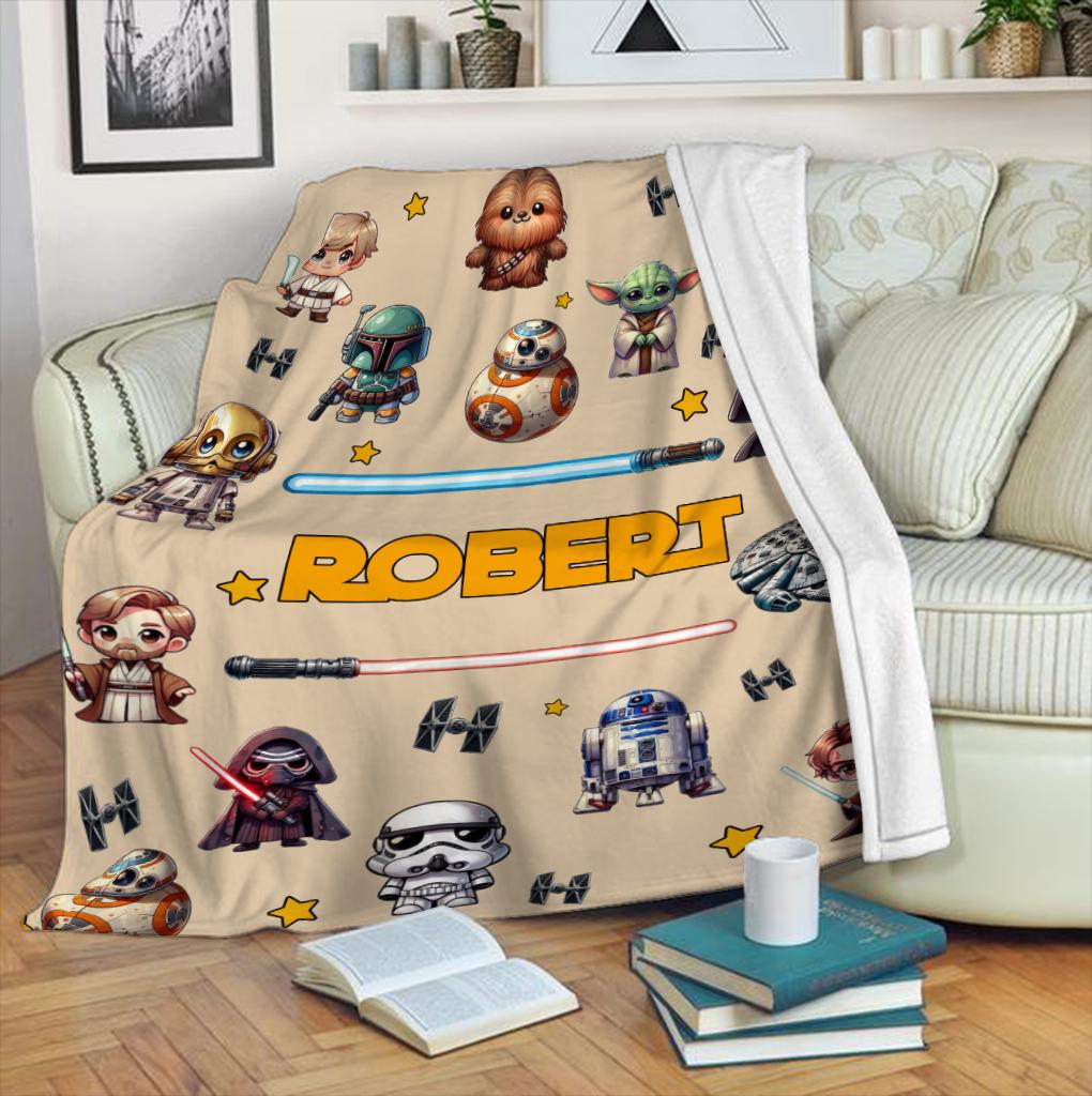 Personalized Star Wars Blanket, Custom Name Baby Blanket, Cute Chibi Sci-Fi Kids Fleece Blanket, Yoda Darth Vader Boy Gift, Birthday Gift