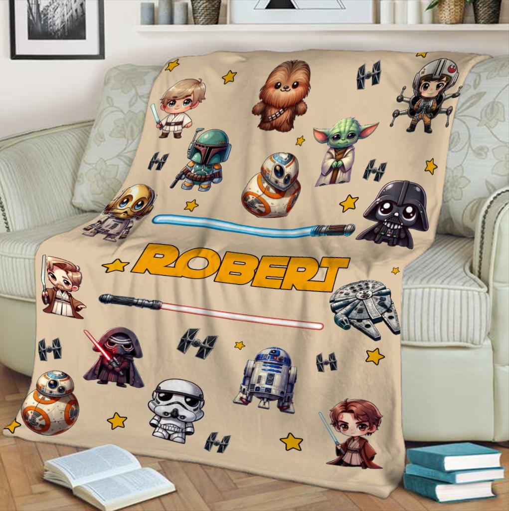 Personalized Star Wars Blanket, Custom Name Baby Blanket, Cute Chibi Sci-Fi Kids Fleece Blanket, Yoda Darth Vader Boy Gift, Birthday Gift