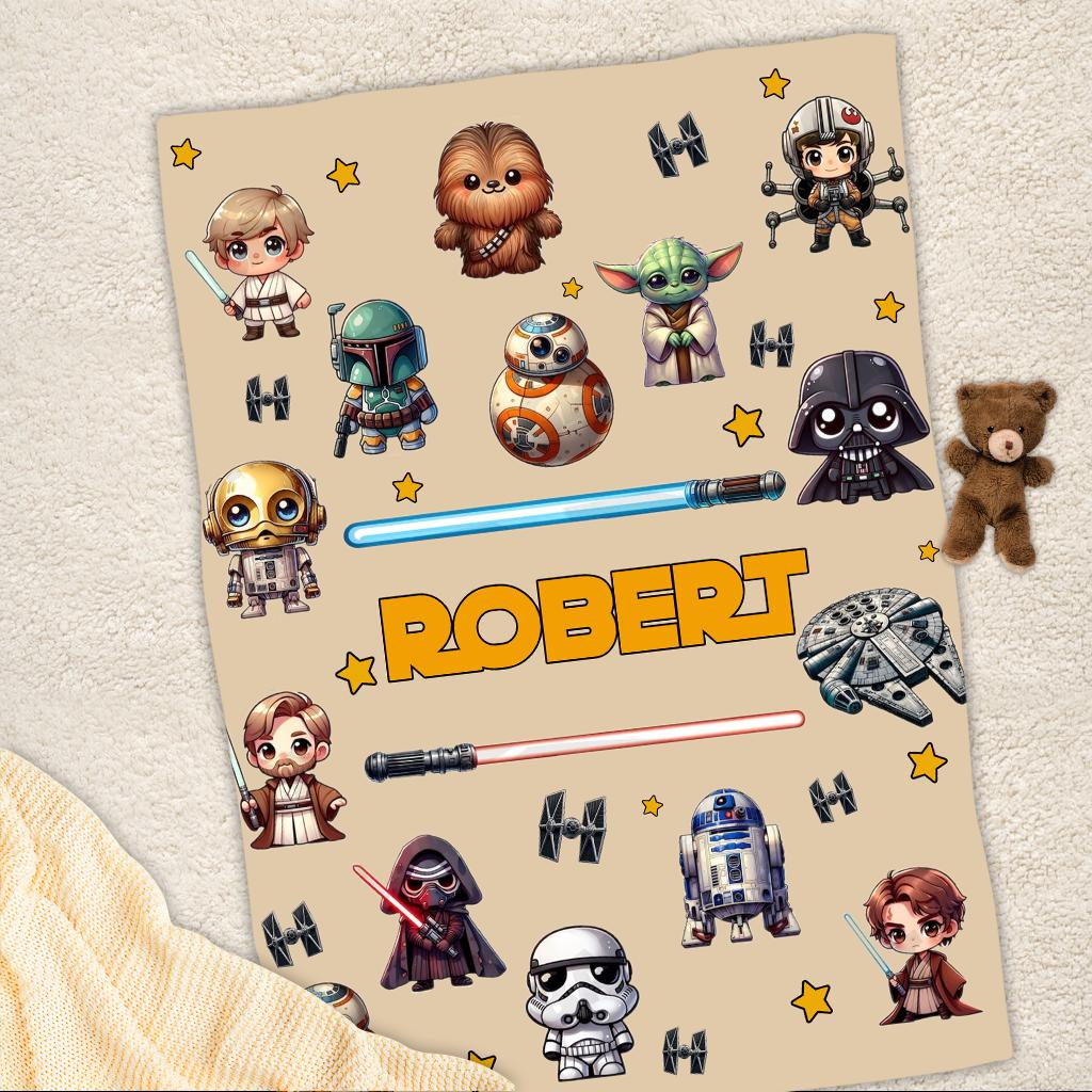 Personalized Star Wars Blanket, Custom Name Baby Blanket, Cute Chibi Sci-Fi Kids Fleece Blanket, Yoda Darth Vader Boy Gift, Birthday Gift