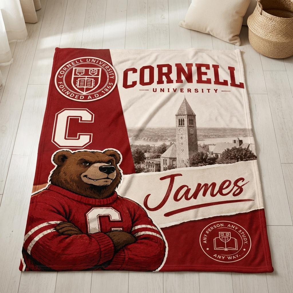 Personalized Cornell University Gift Custom Name Flannel Blanket Cornell Big Red Bear Mascot Graduation Present College Dorm Decor Throw