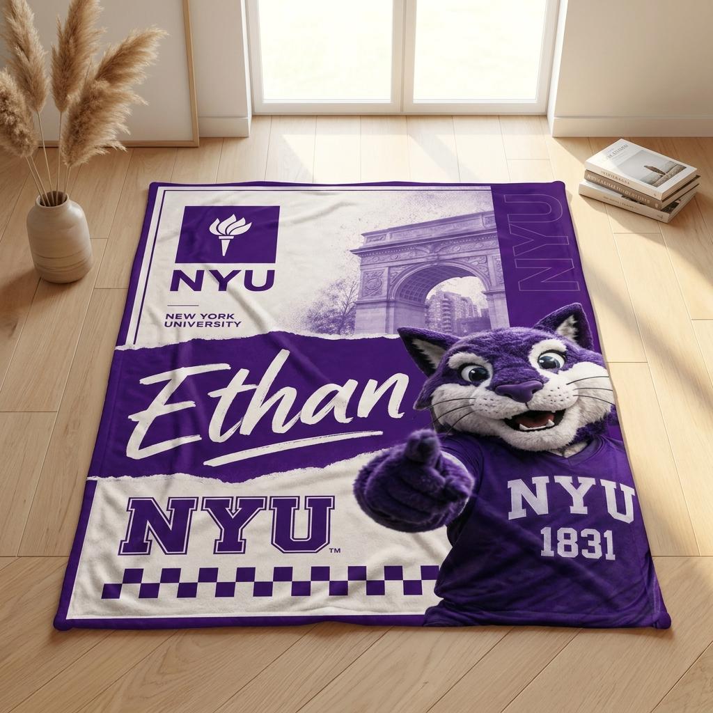 Personalized NYU Flannel Blanket Custom Name New York University Bobcat Plush Throw College Student Graduation Gift Alumni Fan Decor
