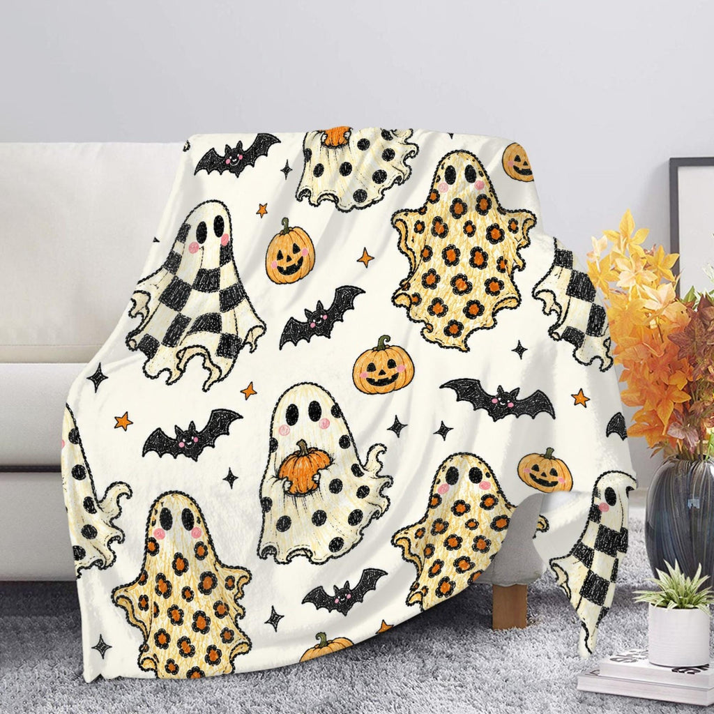 Cute Ghost Halloween Blanket, Cozy Spooky Ghost Throw Blanket, Buffalo Check Leopard Ghost Fleece Blanket, Cute Fall Halloween Gift