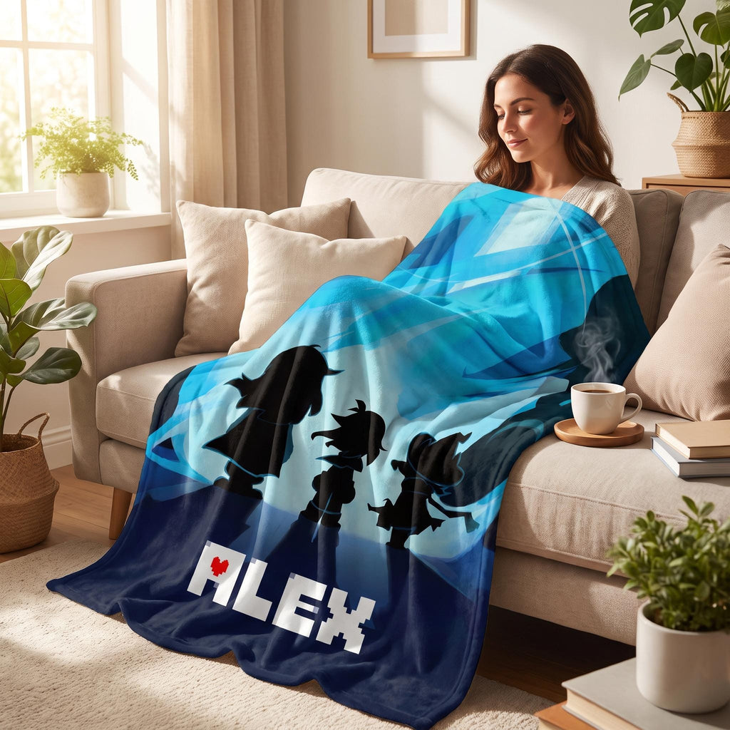 Personalized Custom Name Blanket Flannel Throw Retro Pixel Art RPG Adventure Gamer Gift for Boys Kids Bedroom Decor Fan Birthday Present