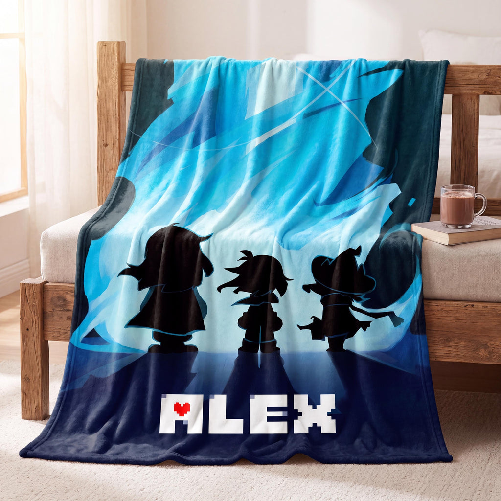 Personalized Custom Name Blanket Flannel Throw Retro Pixel Art RPG Adventure Gamer Gift for Boys Kids Bedroom Decor Fan Birthday Present