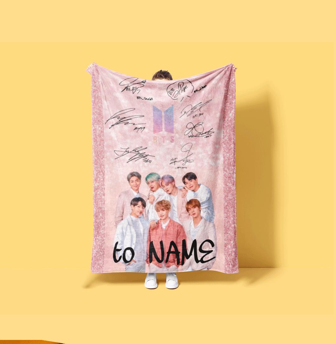 Sparkling Pink BTS Custom Name Blanket Kpop Idol Signature Art Throw Korean Music Band Decor Cute Army Fan Bedding Gift