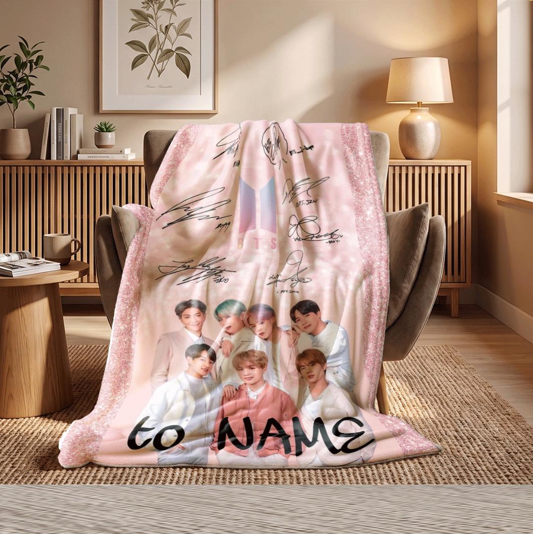 Sparkling Pink BTS Custom Name Blanket Kpop Idol Signature Art Throw Korean Music Band Decor Cute Army Fan Bedding Gift