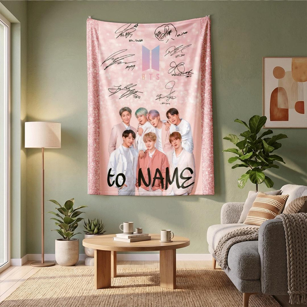 Sparkling Pink BTS Custom Name Blanket Kpop Idol Signature Art Throw Korean Music Band Decor Cute Army Fan Bedding Gift