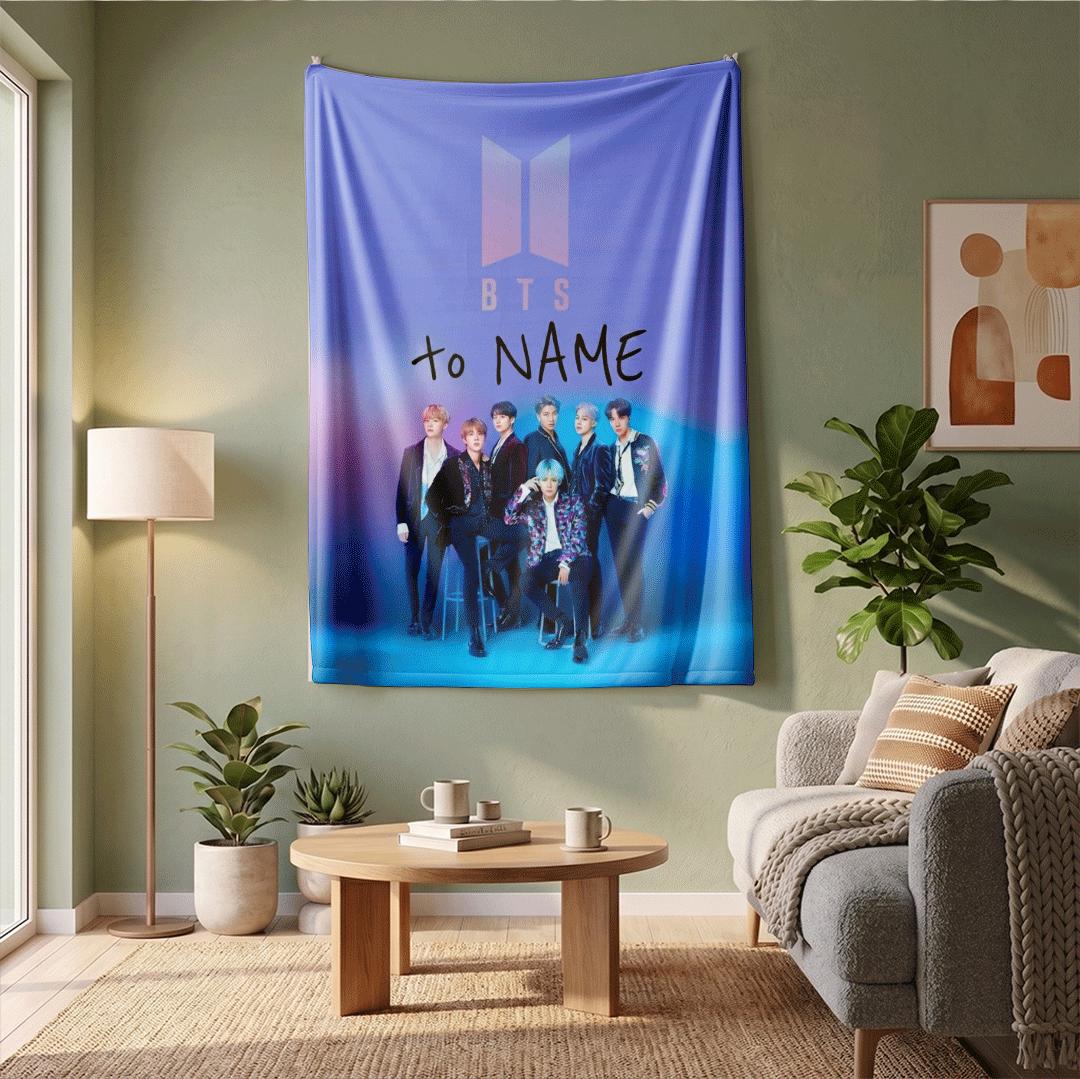 Elegant Blue Glow BTS Personalized Blanket Kpop Group Poster Throw Korean Music Idol Bedding Aesthetic Army Room Decor Fan Gift