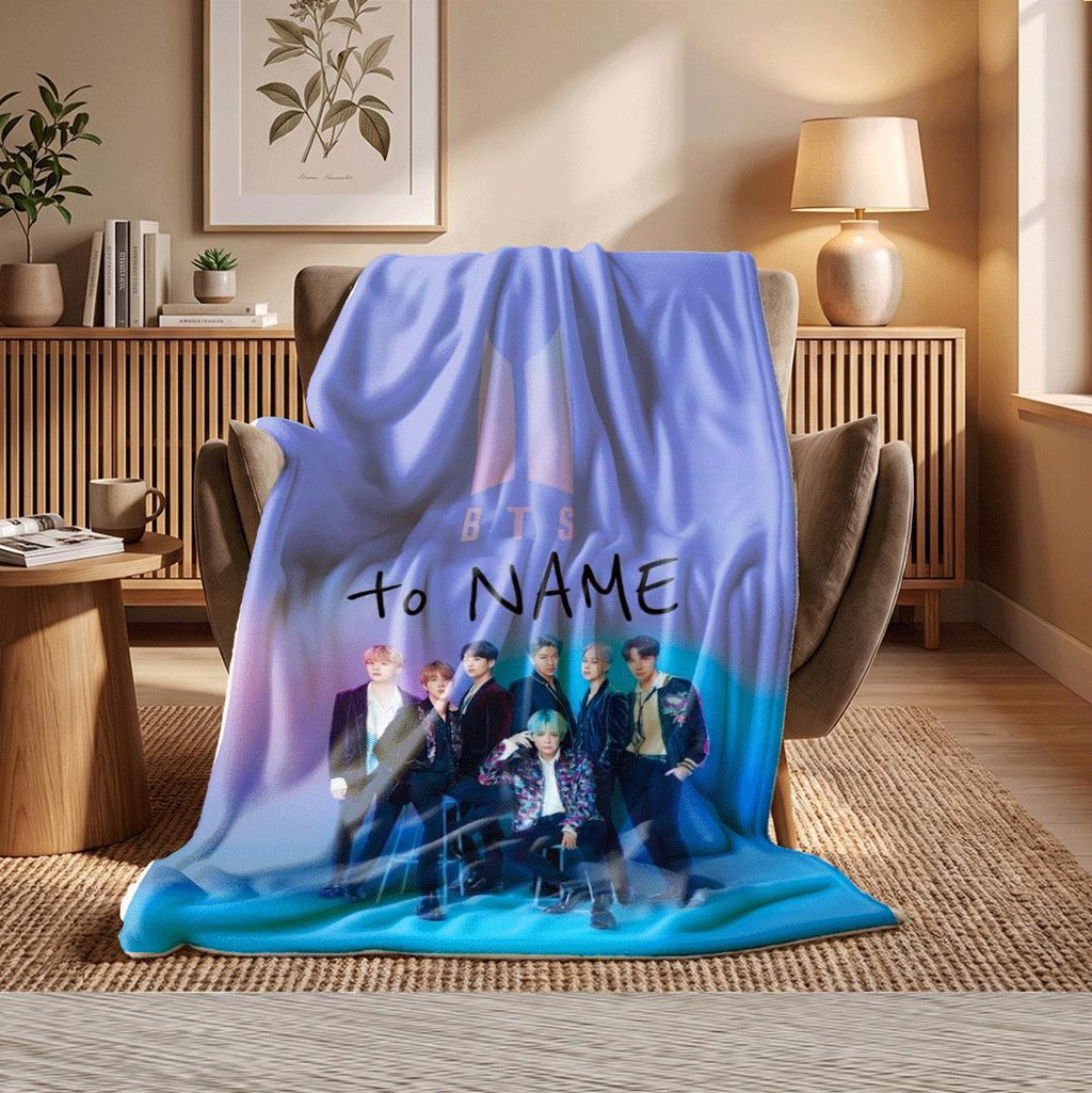 Elegant Blue Glow BTS Personalized Blanket Kpop Group Poster Throw Korean Music Idol Bedding Aesthetic Army Room Decor Fan Gift
