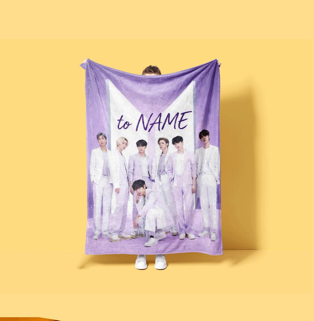 Soft Lavender BTS Custom Blanket Kpop Idol Poster Throw Pastel Purple Korean Boy Band Bedding Elegant Army Fan Room Decor