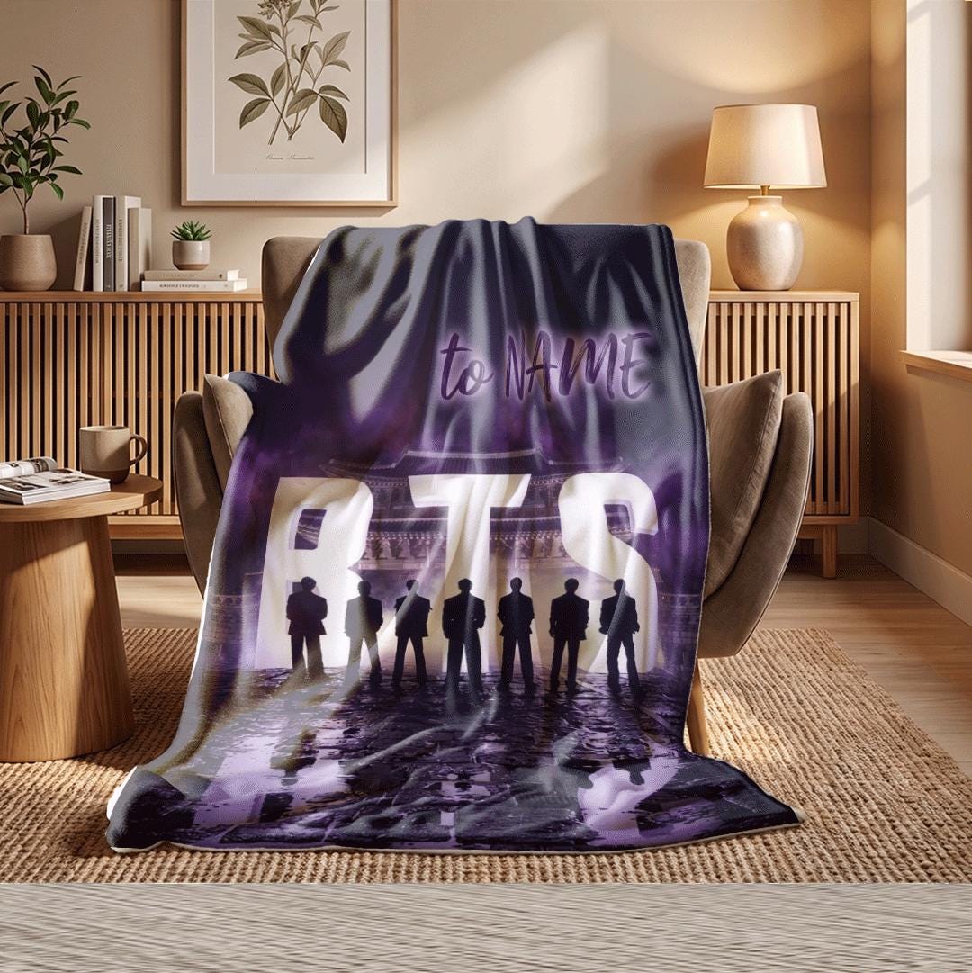 Majestic Palace Glow BTS Personalized Blanket Glowing Letters Throw Traditional Korean Music Idol Bedding Purple Night Army Fan Gift
