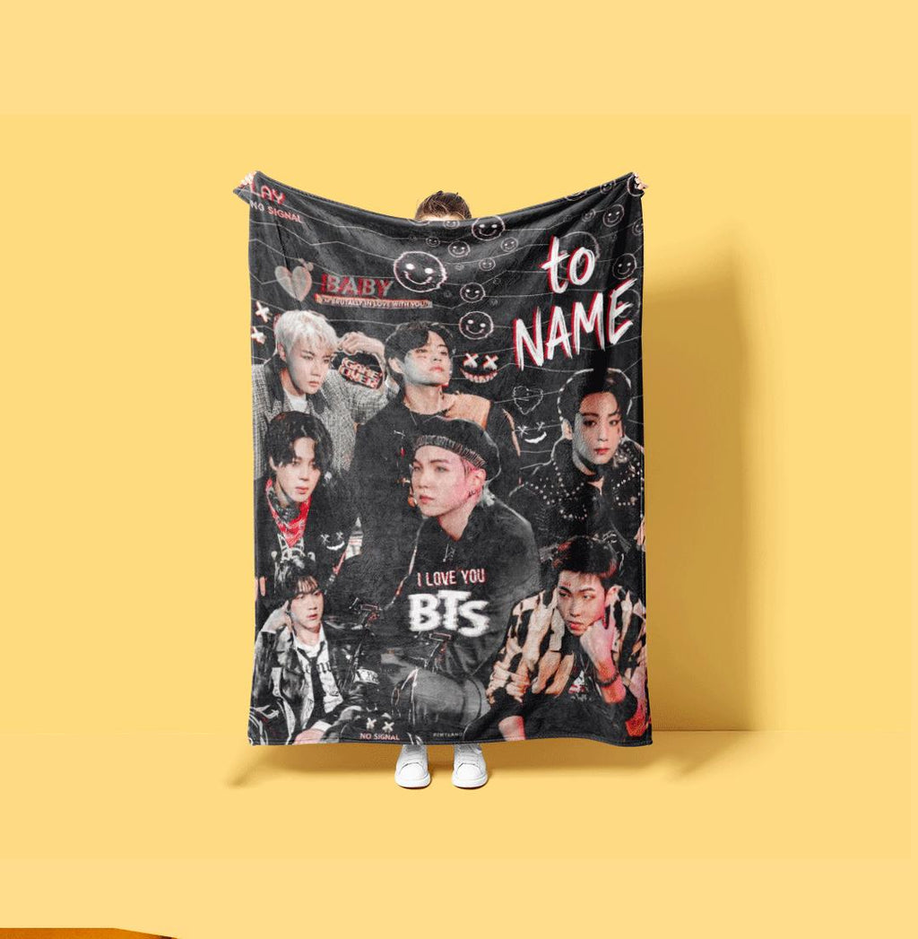 Edgy Grunge Aesthetic BTS Custom Name Blanket Play No Signal Throw Dark Kpop Idol Bedding Trendy Korean Band Army Fan Room Decor