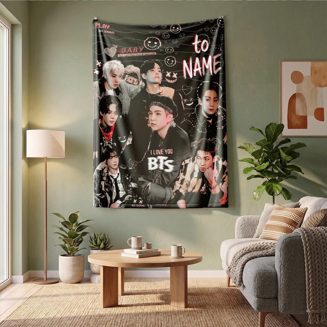 Edgy Grunge Aesthetic BTS Custom Name Blanket Play No Signal Throw Dark Kpop Idol Bedding Trendy Korean Band Army Fan Room Decor