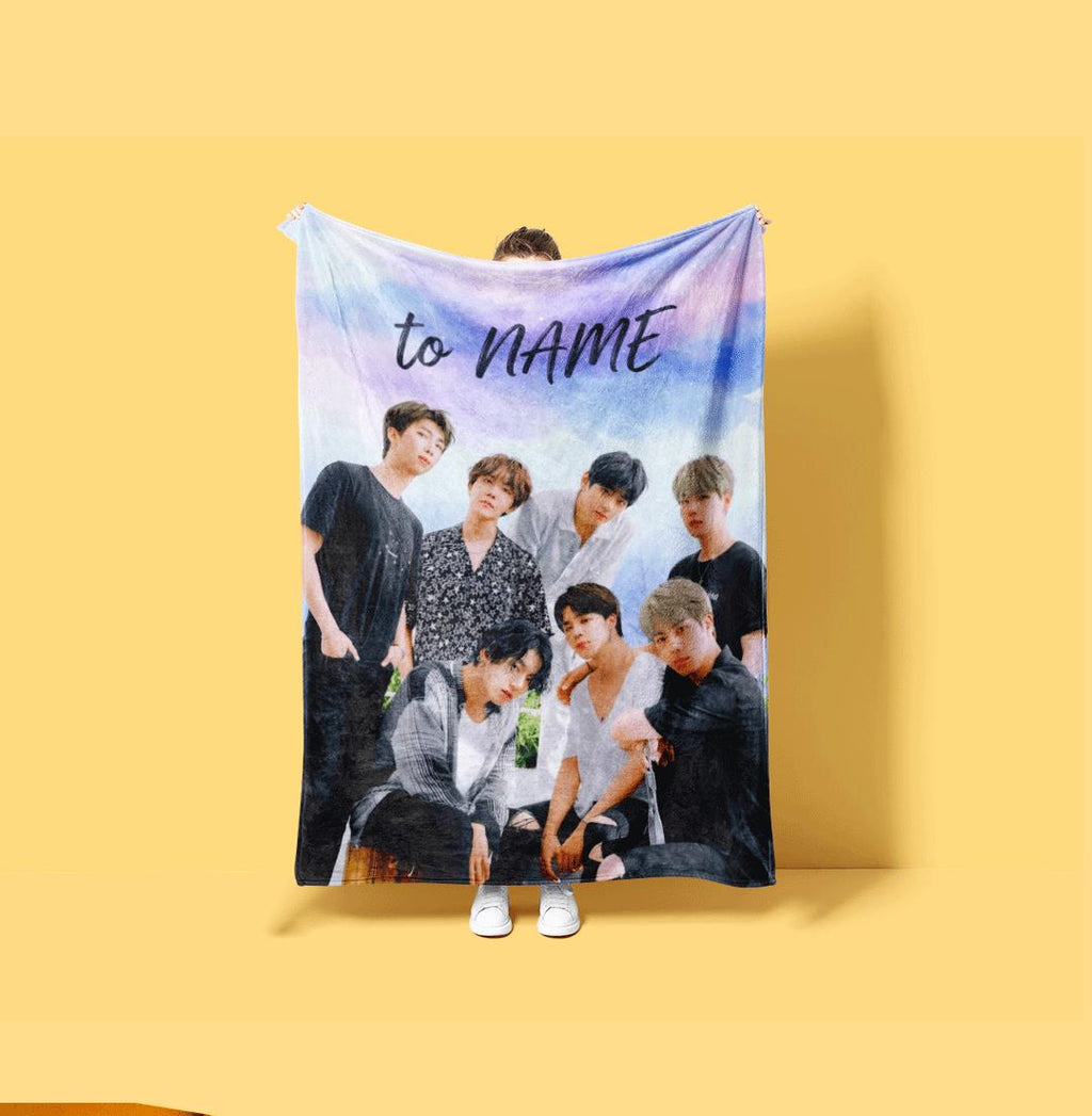 Doodle Art BTS Personalized Blanket Fun Yellow Hand Drawn Style Throw Trendy Kpop Group Bedding Cute Army Fan Room Decor Gift